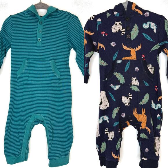 Old Navy Baby Long Sleeve Hooded One Piece Set Woodland Animals Size 6-12 Months - Picture 1 of 13